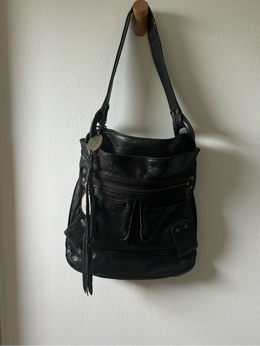 Juicy Couture Black Leather Shoulder Bag with Tassel Charm